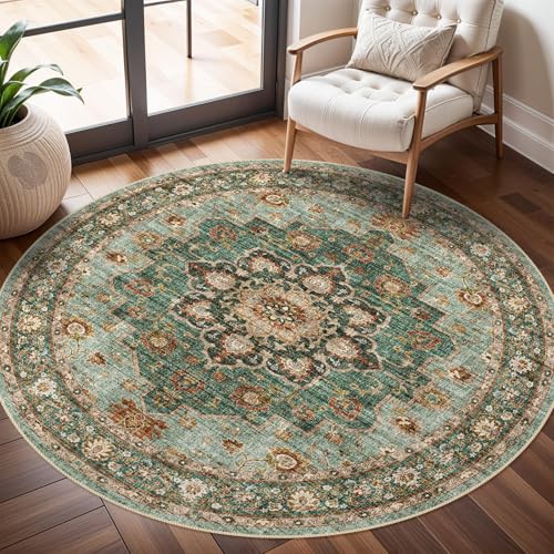 TOPRUUG 3ft Washable Round Area Rug: Thin Oriental Area Rug for Living Room | Soft Carpet for Bedroom Waterproof Floral Distressed Indoor Stain Resistant Non-Shedding Floor Carpets (Green, 3ft-Round) - color: Green, size: 3' (Round)