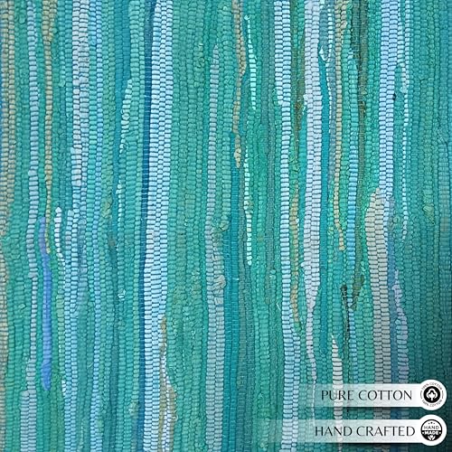 Ramanta Home Hand Woven Cotton Chindi Rag Rug 2'x3' - Teal | Recycled Reversible Rug, Boho Farmhouse - Living Room, Kitchen, Entryway- 24"x36" - color: Teal, size: 2 x 3 feet