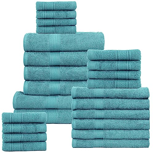 HILLFAIR 24 Piece Bath Towels Set for Bathroom- 100% Cotton 24 PC Bulk Pack Hotel Spa Towel Set- 2 XXL Oversized Big Towels, 4 Bath Towels, 6 Hand Towels, 4 Fingertip Towels, 8 Washcloths: Turquoise - color: Sea Green, size: 24 PC Bath Towel Family Set
