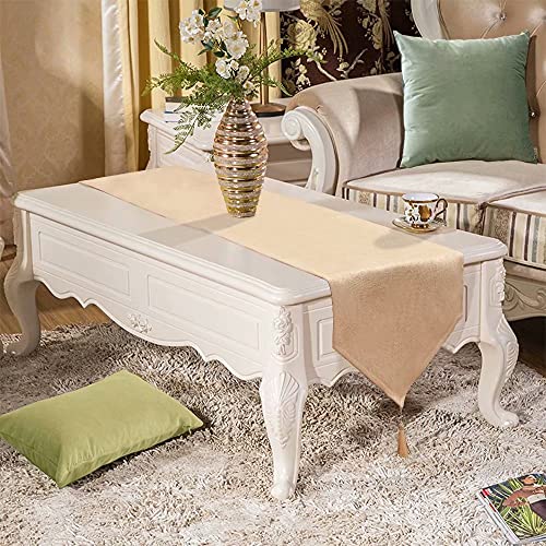 Faux Linen Sparkly Beige Spring Table Runner with Tassels 14x71 Inch Dresser Scarf Graduation 4th of July Table Runner for Home Bedroom Party Birthday Wedding Bridal Baby Shower - color: Brilliant Faux Linen With Tassels- Pinky Beige, size: 71"x14"-1Pc