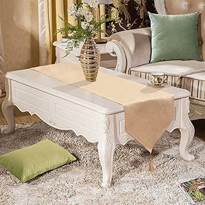 Faux Linen Sparkly Beige Spring Table Runner with Tassels 14x71 Inch Dresser Scarf Graduation 4th of July Table Runner for Home Bedroom Party Birthday Wedding Bridal Baby Shower - color: Brilliant Faux Linen With Tassels- Pinky Beige, size: 71"x14"-1Pc
