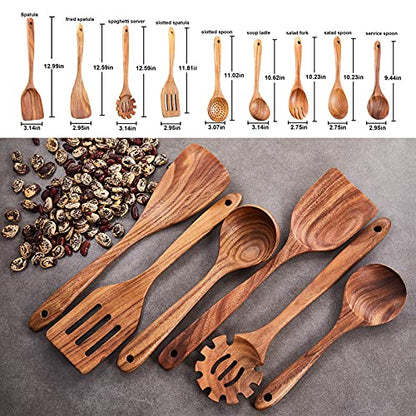 Wooden Kitchen Utensils Set,GUDAMAYE 9 PCE Natural Teak Wooden Spoons For Non-stick Pan for Cooking, - size: 9 PCS