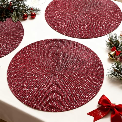 Youyi Round Placemats Set of 6, 15 inch Woven Braided Place Mats Washable Non-Slip Kitchen Table Mats for Dining, Burgundy (with Silver Accents) - size: set of 6