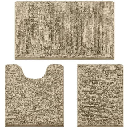 HOMEIDEAS 3 Pieces Bathroom Rugs, Ultra Soft Non Slip Absorbent Chenille Toilet Bath Mat Set (Taupe) - color: Brown-taupe, size: 17"x24"+20"x32"+U Shape 20"x24"