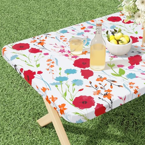 Rectangle Vinyl Tablecloth, Fitted Table Cover, 100% Waterproof, Elastic Edge, Flannel Backing, Plastic Table Cloth Fit 6 Foot Folding Tables for Picnic, Camping, Outdoor (Flowers, 30x72 inch) - color: Off White, size: 72" x 30" (Rectangular)