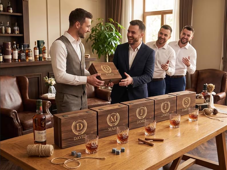 Personalized Engraved Whiskey Glass Gift Set, Custom Whiskey Stones Set with Wooden Box, Granite Chilling Rocks Tongs, Unique Gifts for Men Dad Groomsmen Birthday Father's Day