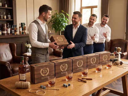 Personalized Engraved Whiskey Glass Gift Set, Custom Whiskey Stones Set with Wooden Box, Granite Chilling Rocks Tongs, Unique Gifts for Men Dad Groomsmen Birthday Father's Day