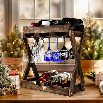 3-in-1 Countertop Wine Rack with Glass Holder | Store 8 Bottles, 6 Stemware Glasses and Wine Tools, Durable Wooden Wine Bottle Holder, Elegant Home Decor