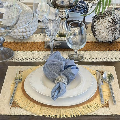 Xuhal 13 Pcs Boho Placemats and Table Runner Set Farmhouse Round/Rectangular Woven Placemats Cotton Macrame Table Runner 11.8 x 78.7 Inch Rustic Decor for Dining Kitchen Spring Tea Party - style: Stylish Style