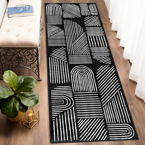 Washable Runner Rug 2x6 Area Rug Low Pile Mid Century Modern | Long Throw Carpet Runner for Hallway Kitchen Bedroom Bedside Laundry Room Non Slip Floor Boho Abstract Black and White - color: Black and White, size: 2' x 6' (Rectangular)