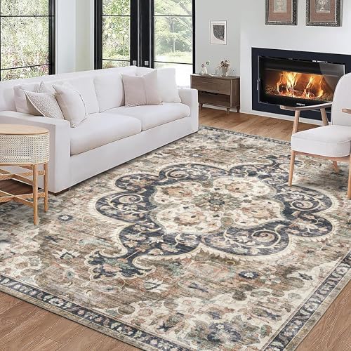 Machine Washable Area Rug - Living Room Bedroom Bathroom Kitchen Entryway Office - Padded Low Pile Stain Resistant Premium - Boho Farmhouse Vintage - Joy - Brown Beige 7'6" x 9'6" - color: Medallion - Brown Ivory, size: 7'6" x 9'6" (Rectangular)