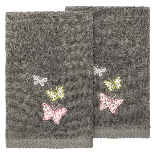 Frolic 2-Piece Fingertip Towel Set, Elegant Butterfly Embroidery, Luxurious Turkish Cotton, Absorbent & Decorative, 2 Fingertip Towels, Charcoal - color: Charcoal, size: 2 Pcs Fingertip Towel