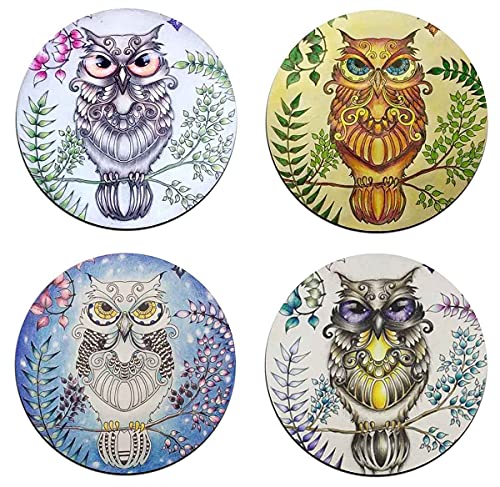 Watercolor Owl Round Coaster Set - Made of Recycled Rubber - Set of 4 - color: Watercolor Owl