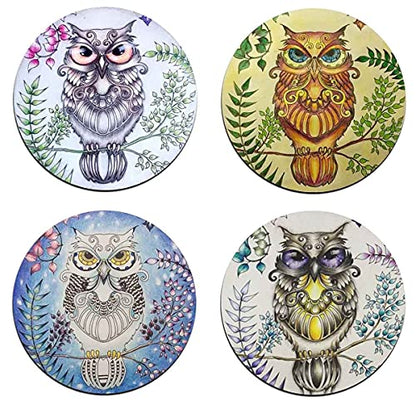 Watercolor Owl Round Coaster Set - Made of Recycled Rubber - Set of 4 - color: Watercolor Owl