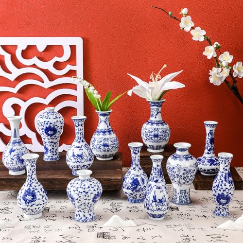 12 Pcs Small Blue and White Vase, Mini Chinoiserie Vases, Classic | Vintage Oriental Handmade Ceramic Vases, Table Centerpieces Shelf Decor, Small Flower Arrangements, Office Home Use - style: Classic