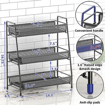 EKNITEY Bathroom Countertop Organizer Rack - 3 Tier Counter Spice Rack | Metal, Non-Slip Base, Makeup Rack, Small Coffee Station Organizer, for Sink Bedroom Kitchen Living room - color: Black