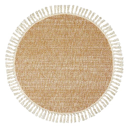 Hand Woven Circle Area Rug, Soft Hand Woven Cotton Washable Carpet | 4ft Modern Farmhouse Rugs with Tassels, Tan/Cream Round Rugs for Bedroom Living Room Dining Room Table Office - color: Tan/Cream, size: 4' (Round)