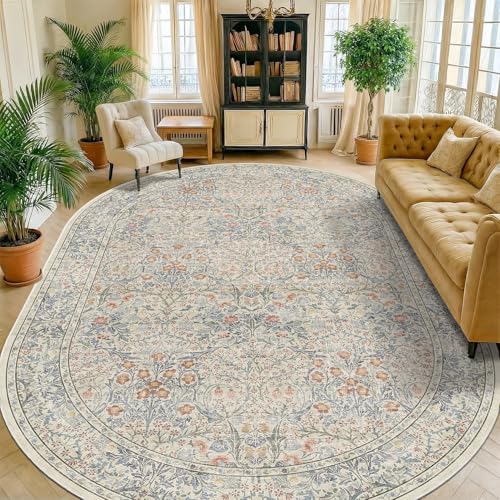 Washable Beige Blue Oval Bedroom Rugs, 8x12 Large Area Rug for Living Room, Dining Room Under Table, Low Pile & Soft Stain Resistant Carpet - Forest Floral Design (8x12 Beige Blue) - color: Beige Blue, size: 8' x 12' (Oval)