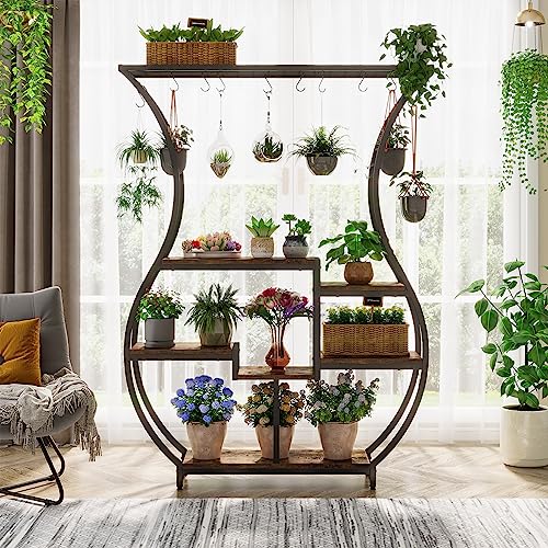 Tribesigns 6-Tier Plant Stand, 70.9 Inch Tall Plant Shelf with 10 Hanging Hooks, Vase Shape Ladder Plant Stand, Multi-Purpose Plant Display Rack for Indoor, Balcony, Living Room, Brown and Black
