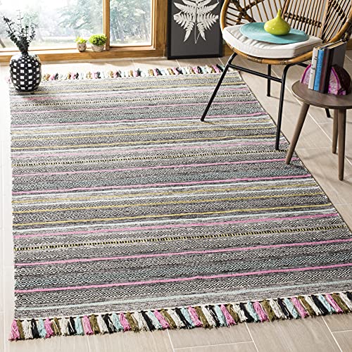 SAFAVIEH Montauk Collection Area Rug - 5' x 8', Black & Multi, Handmade Boho Stripe Fringe Cotton, Ideal for High Traffic Areas in Living Room, Bedroom (MTK901B) - color: Black/Multi, size: 5' x 8' (Rectangular)