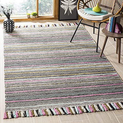 SAFAVIEH Montauk Collection Area Rug - 5' x 8', Black & Multi, Handmade Boho Stripe Fringe Cotton, Ideal for High Traffic Areas in Living Room, Bedroom (MTK901B) - color: Black/Multi, size: 5' x 8' (Rectangular)