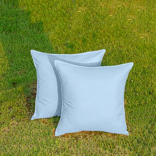 NiNi ALL Outdoor Waterproof Throw Pillow Covers Set of 2 Decorative Farmhouse Garden Pillowcase Solid Cushion Cases for Patio Tent Couch 18x18 inch Light Blue | Faux Linen Decorative Solid Throw Pillow Covers Farmhouse for Garden Furniture Tent Balcony Co