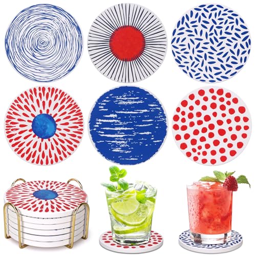 Absorbent Coasters Set of 6 Round Ceramic Coasters for Drinks Modern Colorful Boho Coasters with Holder Cute Coffee Table Decor Coaster Outdoor Stone Cup Coasters Funky Cool Coasters Desk Coasters - style: Colorful