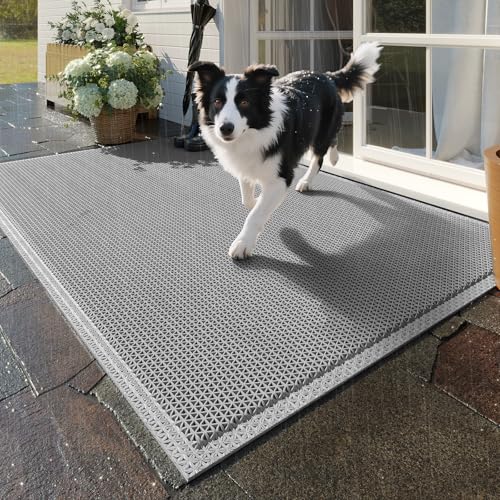 Front Door Mat Outside Entrance Drainage Doormat Grey 24"x36" | Outdoor Welcome Mats For Patio Waterproof, Dirt Trapper with Non-Slip Rubber Backing, Dirt Mat for Garage Home Pool Entrance - color: Grey, size: 24''x36''