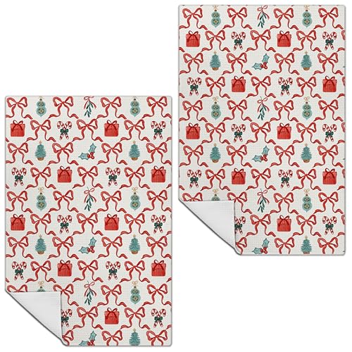 Coquette Ribbon Christmas Kitchen Towels, Red and Green Christmas Dish Tea Towels for Kitchen Decor, Xmas Tree Bow Candy Cane Decorative Hand Towel Bathroom Decor, 16x24 Inch Set of 2 - color: Coquette-towels-w
