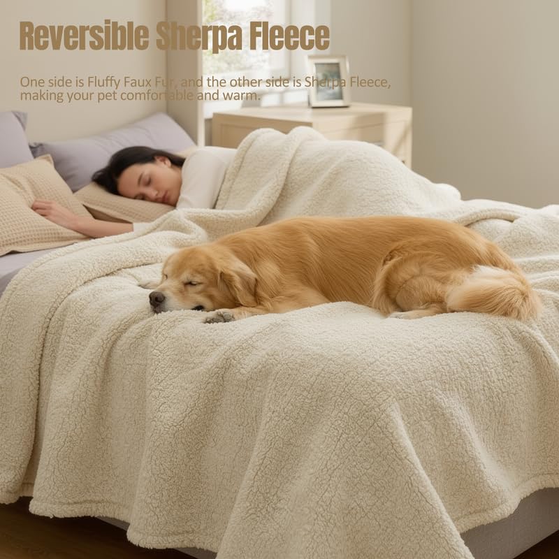 Waterproof Dog Blanket Reversible Pet Bed Cover Puppy Fluffy Cream Blankets Leakproof Sofa Couch Cover Cat Pet Blanket for Warm Washable-M - color: Cream, size: M-100*145cm(40*57in)