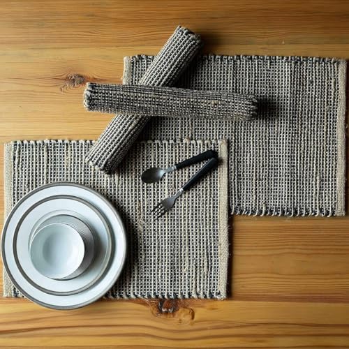 Natural Jute & Black Placemats, Set of 4 – Rustic Handmade Boho Table Mats, 13x19 Inch Dining Table Placemats for Kitchen, Everyday Meals, Holidays, Farmhouse or Modern Table Décor - color: Natural Jute-black, size: 13x19 Inch.
