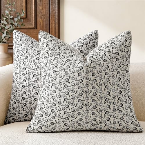 Ditsy Floral Throw Pillow Covers Set of 2, 20x20 Inch Black | 100% Organic Cotton, Soft Breathable, Farmhouse Cottage Block Print Cushion Covers, Handcrafted for Sofa Couch Living Bedroom - color: Black, size: 20" x 20" (Pack of 2)