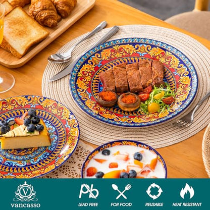 vancasso Plates and Bowls Sets,12-Piece Porcelain Dinnerware Set Service for 4, Bohemian Style Dishes Set for 4, Kitchen Dinner Set, Microwave and Dishwasher Safe, Scratch Resistant, Series KRVI - size: Service for 4 (12 Pcs)