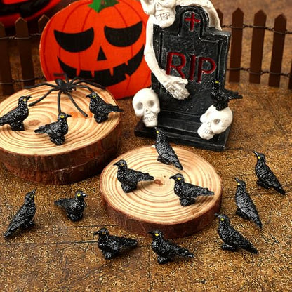 JUNEBRUSHS 50 Pcs Black Mini Resin Crow Halloween Table Decorations | Tiny Crows Figurines, Halloween Bird Ornaments, Tiered Tray Vase Filler Crafts, Party Favors - style: Halloween Style