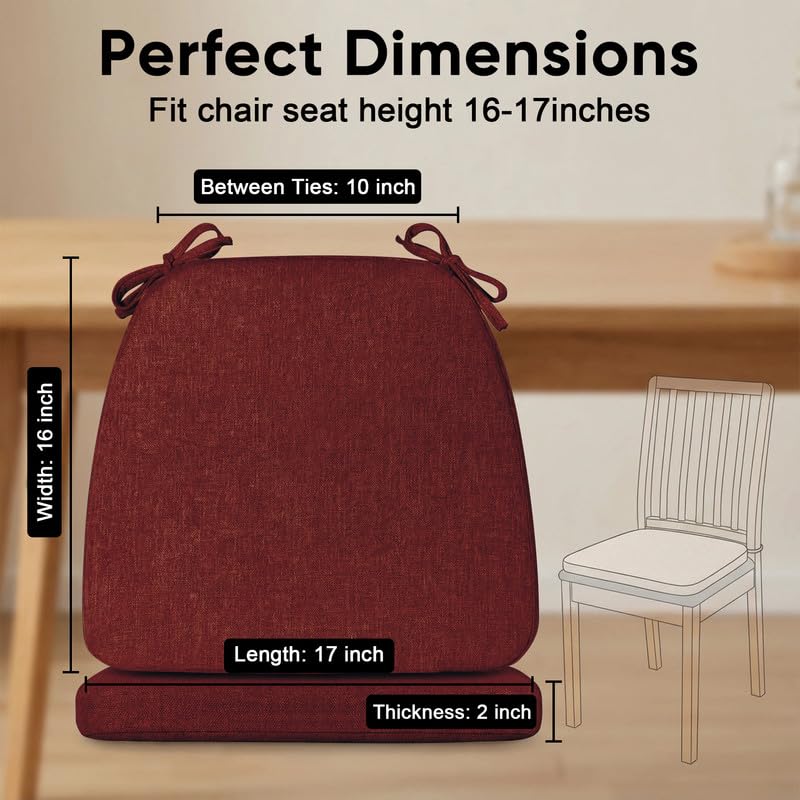 D-Shaped Chair Cushions Set of 1, Chair Pads with Ties, 17" x 16" | 2" Thick Non Slip Seat Cushion for Dining & Kitchen Chairs, 40D Foam, Removable Washable Cover, Burgundy - color: Burgundy