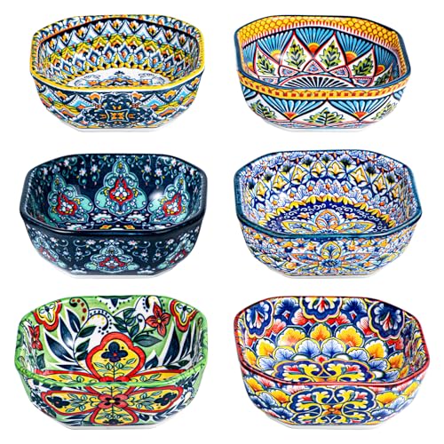 HENXFEN LEAD Boho Ceramic Dipping & Snack Bowls Set of 6, 8 oz Square Bowls | Assorted Patterns, Ideal for Desserts, Side Dishes, Salsa, Fruit, Nuts & Appetizers, Microwave & Dishwasher Safe - size: 8 Oz