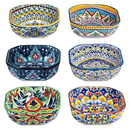 HENXFEN LEAD Boho Ceramic Dipping & Snack Bowls Set of 6, 8 oz Square Bowls | Assorted Patterns, Ideal for Desserts, Side Dishes, Salsa, Fruit, Nuts & Appetizers, Microwave & Dishwasher Safe - size: 8 Oz