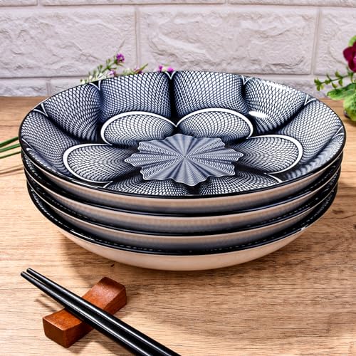 4-Piece Ceramic Salad Plate Set, 8-Inch Round Dinner Plates with Black & White Geometric Flower Motif, Modern Serving Dish with Black Rim, Microwave & Dishwasher Safe, Stackable Plates for Pasta - color: Black and White Floral Pattern