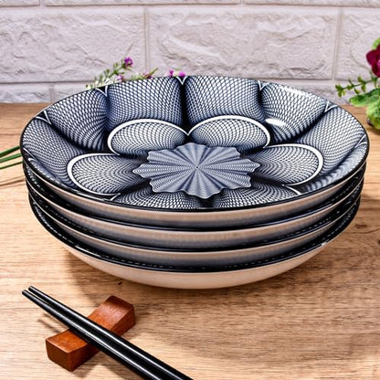 4-Piece Ceramic Salad Plate Set, 8-Inch Round Dinner Plates with Black & White Geometric Flower Motif, Modern Serving Dish with Black Rim, Microwave & Dishwasher Safe, Stackable Plates for Pasta - color: Black and White Floral Pattern