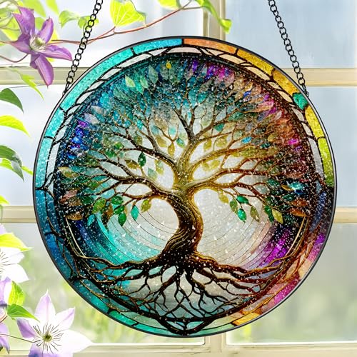Stained Glass Window Hanging, LAOWEIKI 8'' Tree of Life Suncatcher, Stained Glass Ornament, Suncatchers for Windows Hanging, Window Decor, Outdoor or Indoor, Gifts for Mom, Grandma, Wife, Family - color: The Tree of Life