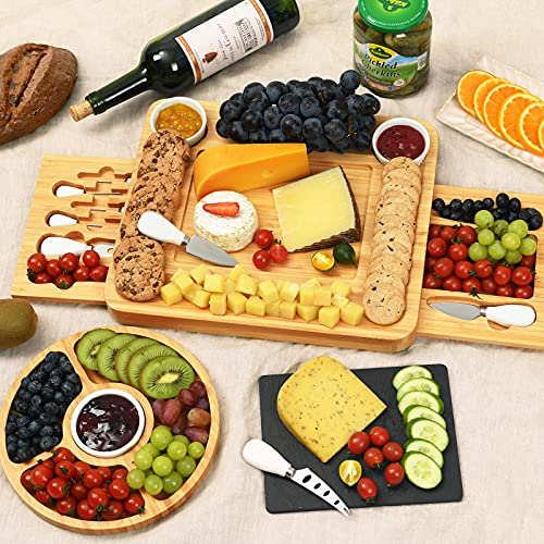 ROYAMY Bamboo Cheese Charcuterie/Serving Board and Knife Set with Round Tray, Wooden Cheese Platter/Tray, Perfect for Christmas, Anniversary,Wedding,Housewarming Gift Ideas