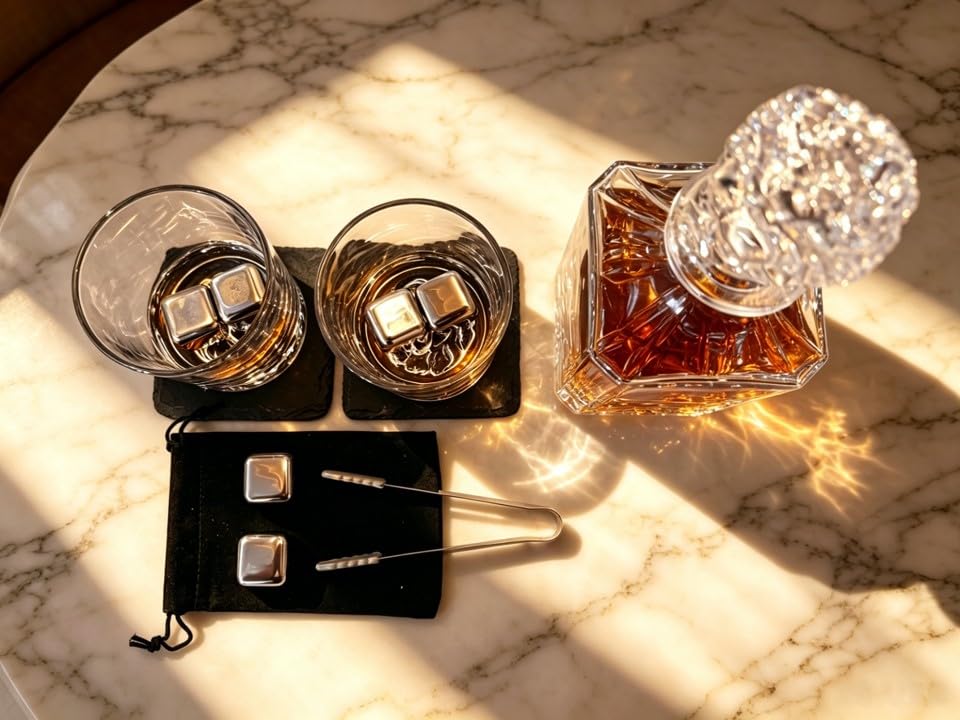 Lion Head 14-Piece Crystal Whiskey Decanter Set - 750ml Lead-Free Hand-Blown, 2 Glasses, 6 Stainless Stones, Coasters & Pine Gift Box - Engraving Ready for Him, Birthday Anniversary