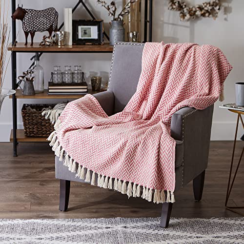 DII Modern Zig Zag Throw Blanket Woven Cotton, Hand-Knotted 2.5" Fringe, 50x60, Blush Pink - color: Blush Pink, size: 50x60"