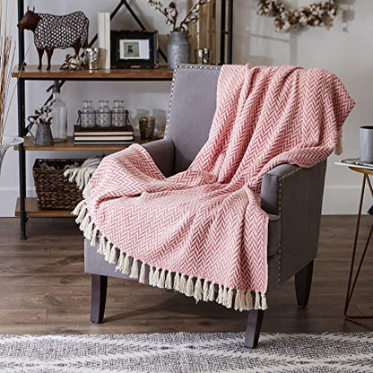 DII Modern Zig Zag Throw Blanket Woven Cotton, Hand-Knotted 2.5" Fringe, 50x60, Blush Pink - color: Blush Pink, size: 50x60"