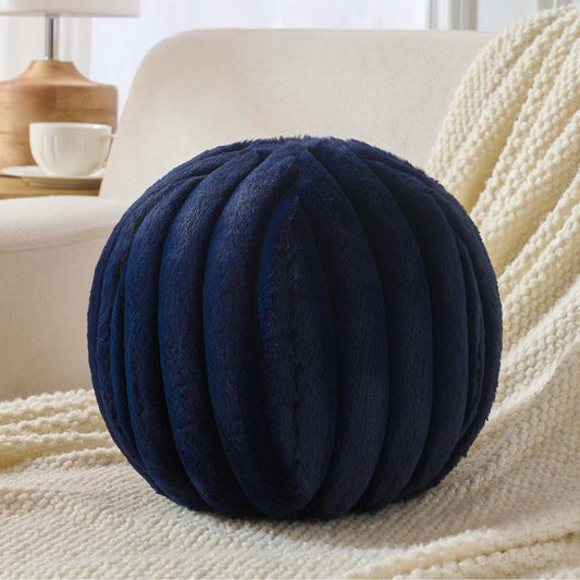 Uvvyui Ball Pillow Round Striped Decorative Throw Cushion Navy 11.8" | Round Throw Pillows Faux Rabbit Fur Striped Fluffy Spherical Cushion Sphere Shaped Pillow for Aesthetic Room Decor - color: Navy