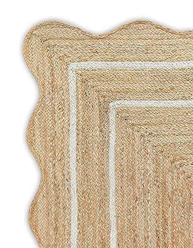 Wave Scalloped Natural Jute Runner, Off White (2'6"x20'): Boho Farmhouse Entryway Scallop Rug - color: Off White, size: 2'6"x20' (Runner)