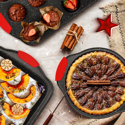 11-Piece Nonstick Stackable Baking Pans Set, Non Toxic Oven Pans, Red&Black | Toxin-Free Bakeware Sets, Baking Pan Set with Silicone Handles, Includes Cookie Sheets, Loaf Pan, Pizza Pan, Muffin Pan