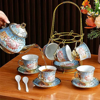 Zhehao 20 Pcs Porcelain Tea Set with Metal Holder and Spoon Adult Ceramic Tea Set European Flower Painting Teapot Cup Saucer Spoon for Women Mom Gift, Large Version (Simplicity Style) - color: Simplicity Style