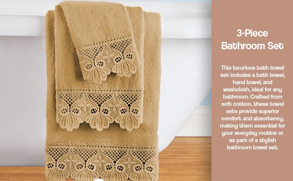 Zahari Home 3 Piece Laced Towel Set - Stylish Soft Plush Cotton Towels with Hand Towel & Washcloth - Highly Absorbent Towels for Bathroom, Gym, Hotel & Spa (Macramee Gold) - color: Macramee-gold