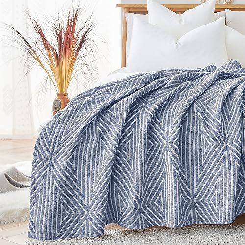 jinchan 100% Cotton Muslin Blanket Twin Boho Throw Blanket 50x60 Slate Blue | 3-Layer, Geometric Triangle Quilt, Cooling Breathable Lightweight, for Adult, Soft, Reversible, Summer, Couch, Sofa, Bedroom - color: B. Triangle Blue, size: 50"x60"